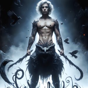 AI male art photos with a fantastical atmosphere. Imagine a Hogwarts School of Witchcraft student, from the Harry Potter series, a handsome, beautiful, and attractive, shirtless young teenage boy, standing firm against a threat. With a detailed Hogwarts castle background, casting a powerful spell, conjuring creatures based on their assigned house crest. From Demonic snakes, powerful lions, fierce badgers, or a murder of Crows. Dementors floating ominously in a cloudy sky, and sparks, shadows, and cinematic lighting, offering an otherworldly vibe.