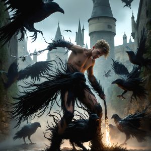 AI male art photos with a fantastical atmosphere. Imagine a Hogwarts School of Witchcraft student, from the Harry Potter series, a handsome, beautiful, and attractive, shirtless young teenage boy, standing firm against a threat. With a detailed Hogwarts castle background, casting a powerful spell, conjuring creatures based on their assigned house crest. From Demonic snakes, powerful lions, fierce badgers, or a murder of Crows. Dementors floating ominously in a cloudy sky, and sparks, shadows, and cinematic lighting, offering an otherworldly vibe.