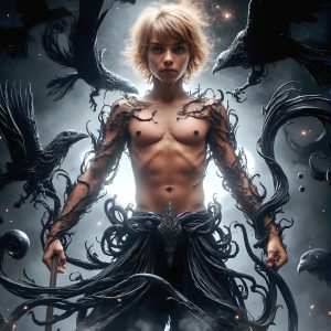 AI male art photos with a fantastical atmosphere. Imagine a Hogwarts School of Witchcraft student, from the Harry Potter series, a handsome, beautiful, and attractive, shirtless young teenage boy, standing firm against a threat. With a detailed Hogwarts castle background, casting a powerful spell, conjuring creatures based on their assigned house crest. From Demonic snakes, powerful lions, fierce badgers, or a murder of Crows. Dementors floating ominously in a cloudy sky, and sparks, shadows, and cinematic lighting, offering an otherworldly vibe.