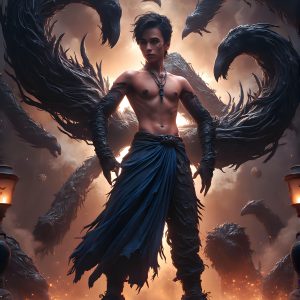 AI male art photos with a fantastical atmosphere. Imagine a Hogwarts School of Witchcraft student, from the Harry Potter series, a handsome, beautiful, and attractive, shirtless young teenage boy, standing firm against a threat. With a detailed Hogwarts castle background, casting a powerful spell, conjuring creatures based on their assigned house crest. From Demonic snakes, powerful lions, fierce badgers, or a murder of Crows. Dementors floating ominously in a cloudy sky, and sparks, shadows, and cinematic lighting, offering an otherworldly vibe.