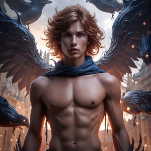 AI male art photos with a fantastical atmosphere. Imagine a Hogwarts School of Witchcraft student, from the Harry Potter series, a handsome, beautiful, and attractive, shirtless young teenage boy, standing firm against a threat. With a detailed Hogwarts castle background, casting a powerful spell, conjuring creatures based on their assigned house crest. From Demonic snakes, powerful lions, fierce badgers, or a murder of Crows. Dementors floating ominously in a cloudy sky, and sparks, shadows, and cinematic lighting, offering an otherworldly vibe.