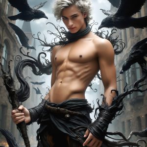 AI male art photos with a fantastical atmosphere. Imagine a Hogwarts School of Witchcraft student, from the Harry Potter series, a handsome, beautiful, and attractive, shirtless young teenage boy, standing firm against a threat. With a detailed Hogwarts castle background, casting a powerful spell, conjuring creatures based on their assigned house crest. From Demonic snakes, powerful lions, fierce badgers, or a murder of Crows. Dementors floating ominously in a cloudy sky, and sparks, shadows, and cinematic lighting, offering an otherworldly vibe.