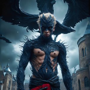 AI male art photos with a fantastical atmosphere. Imagine a Hogwarts School of Witchcraft student, from the Harry Potter series, a handsome, beautiful, and attractive, shirtless young teenage boy, standing firm against a threat. With a detailed Hogwarts castle background, casting a powerful spell, conjuring creatures based on their assigned house crest. From Demonic snakes, powerful lions, fierce badgers, or a murder of Crows. Dementors floating ominously in a cloudy sky, and sparks, shadows, and cinematic lighting, offering an otherworldly vibe.