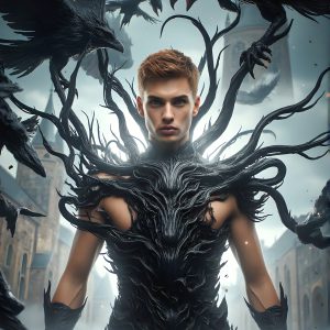 AI male art photos with a fantastical atmosphere. Imagine a Hogwarts School of Witchcraft student, from the Harry Potter series, a handsome, beautiful, and attractive, shirtless young teenage boy, standing firm against a threat. With a detailed Hogwarts castle background, casting a powerful spell, conjuring creatures based on their assigned house crest. From Demonic snakes, powerful lions, fierce badgers, or a murder of Crows. Dementors floating ominously in a cloudy sky, and sparks, shadows, and cinematic lighting, offering an otherworldly vibe.