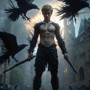 AI male art photos with a fantastical atmosphere. Imagine a Hogwarts School of Witchcraft student, from the Harry Potter series, a handsome, beautiful, and attractive, shirtless young teenage boy, standing firm against a threat. With a detailed Hogwarts castle background, casting a powerful spell, conjuring creatures based on their assigned house crest. From Demonic snakes, powerful lions, fierce badgers, or a murder of Crows. Dementors floating ominously in a cloudy sky, and sparks, shadows, and cinematic lighting, offering an otherworldly vibe.