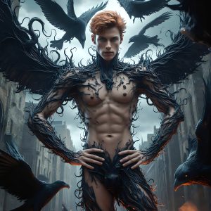 AI male art photos with a fantastical atmosphere. Imagine a Hogwarts School of Witchcraft student, from the Harry Potter series, a handsome, beautiful, and attractive, shirtless young teenage boy, standing firm against a threat. With a detailed Hogwarts castle background, casting a powerful spell, conjuring creatures based on their assigned house crest. From Demonic snakes, powerful lions, fierce badgers, or a murder of Crows. Dementors floating ominously in a cloudy sky, and sparks, shadows, and cinematic lighting, offering an otherworldly vibe.