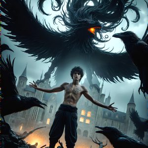 AI male art photos with a fantastical atmosphere. Imagine a Hogwarts School of Witchcraft student, from the Harry Potter series, a handsome, beautiful, and attractive, shirtless young teenage boy, standing firm against a threat. With a detailed Hogwarts castle background, casting a powerful spell, conjuring creatures based on their assigned house crest. From Demonic snakes, powerful lions, fierce badgers, or a murder of Crows. Dementors floating ominously in a cloudy sky, and sparks, shadows, and cinematic lighting, offering an otherworldly vibe.