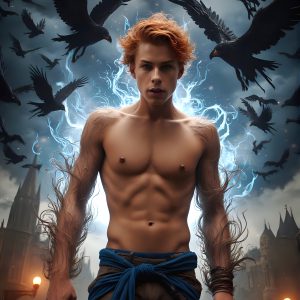 AI male art photos with a fantastical atmosphere. Imagine a Hogwarts School of Witchcraft student, from the Harry Potter series, a handsome, beautiful, and attractive, shirtless young teenage boy, standing firm against a threat. With a detailed Hogwarts castle background, casting a powerful spell, conjuring creatures based on their assigned house crest. From Demonic snakes, powerful lions, fierce badgers, or a murder of Crows. Dementors floating ominously in a cloudy sky, and sparks, shadows, and cinematic lighting, offering an otherworldly vibe.