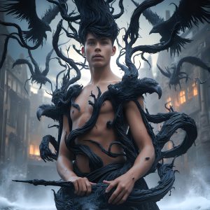 AI male art photos with a fantastical atmosphere. Imagine a Hogwarts School of Witchcraft student, from the Harry Potter series, a handsome, beautiful, and attractive, shirtless young teenage boy, standing firm against a threat. With a detailed Hogwarts castle background, casting a powerful spell, conjuring creatures based on their assigned house crest. From Demonic snakes, powerful lions, fierce badgers, or a murder of Crows. Dementors floating ominously in a cloudy sky, and sparks, shadows, and cinematic lighting, offering an otherworldly vibe.