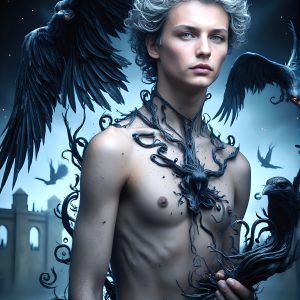 AI male art photos with a fantastical atmosphere. Imagine a Hogwarts School of Witchcraft student, from the Harry Potter series, a handsome, beautiful, and attractive, shirtless young teenage boy, standing firm against a threat. With a detailed Hogwarts castle background, casting a powerful spell, conjuring creatures based on their assigned house crest. From Demonic snakes, powerful lions, fierce badgers, or a murder of Crows. Dementors floating ominously in a cloudy sky, and sparks, shadows, and cinematic lighting, offering an otherworldly vibe.