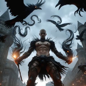 AI male art photos with a fantastical atmosphere. Imagine a Hogwarts School of Witchcraft student, from the Harry Potter series, a handsome, beautiful, and attractive, shirtless young teenage boy, standing firm against a threat. With a detailed Hogwarts castle background, casting a powerful spell, conjuring creatures based on their assigned house crest. From Demonic snakes, powerful lions, fierce badgers, or a murder of Crows. Dementors floating ominously in a cloudy sky, and sparks, shadows, and cinematic lighting, offering an otherworldly vibe.