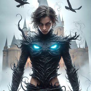 AI male art photos with a fantastical atmosphere. Imagine a Hogwarts School of Witchcraft student, from the Harry Potter series, a handsome, beautiful, and attractive, shirtless young teenage boy, standing firm against a threat. With a detailed Hogwarts castle background, casting a powerful spell, conjuring creatures based on their assigned house crest. From Demonic snakes, powerful lions, fierce badgers, or a murder of Crows. Dementors floating ominously in a cloudy sky, and sparks, shadows, and cinematic lighting, offering an otherworldly vibe.