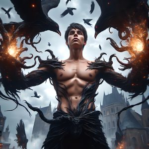 AI male art photos with a fantastical atmosphere. Imagine a Hogwarts School of Witchcraft student, from the Harry Potter series, a handsome, beautiful, and attractive, shirtless young teenage boy, standing firm against a threat. With a detailed Hogwarts castle background, casting a powerful spell, conjuring creatures based on their assigned house crest. From Demonic snakes, powerful lions, fierce badgers, or a murder of Crows. Dementors floating ominously in a cloudy sky, and sparks, shadows, and cinematic lighting, offering an otherworldly vibe.