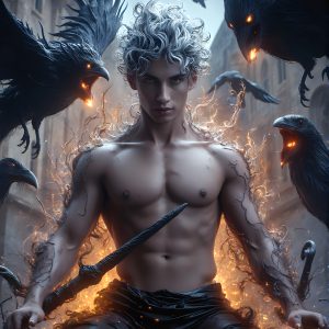 AI male art photos with a fantastical atmosphere. Imagine a Hogwarts School of Witchcraft student, from the Harry Potter series, a handsome, beautiful, and attractive, shirtless young teenage boy, standing firm against a threat. With a detailed Hogwarts castle background, casting a powerful spell, conjuring creatures based on their assigned house crest. From Demonic snakes, powerful lions, fierce badgers, or a murder of Crows. Dementors floating ominously in a cloudy sky, and sparks, shadows, and cinematic lighting, offering an otherworldly vibe.