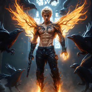 AI male art photos with a fantastical atmosphere. Imagine a Hogwarts School of Witchcraft student, from the Harry Potter series, a handsome, beautiful, and attractive, shirtless young teenage boy, standing firm against a threat. With a detailed Hogwarts castle background, casting a powerful spell, conjuring creatures based on their assigned house crest. From Demonic snakes, powerful lions, fierce badgers, or a murder of Crows. Dementors floating ominously in a cloudy sky, and sparks, shadows, and cinematic lighting, offering an otherworldly vibe.