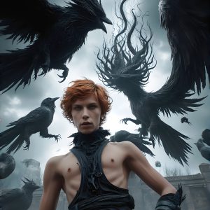 AI male art photos with a fantastical atmosphere. Imagine a Hogwarts School of Witchcraft student, from the Harry Potter series, a handsome, beautiful, and attractive, shirtless young teenage boy, standing firm against a threat. With a detailed Hogwarts castle background, casting a powerful spell, conjuring creatures based on their assigned house crest. From Demonic snakes, powerful lions, fierce badgers, or a murder of Crows. Dementors floating ominously in a cloudy sky, and sparks, shadows, and cinematic lighting, offering an otherworldly vibe.