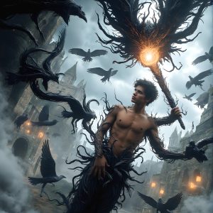 AI male art photos with a fantastical atmosphere. Imagine a Hogwarts School of Witchcraft student, from the Harry Potter series, a handsome, beautiful, and attractive, shirtless young teenage boy, standing firm against a threat. With a detailed Hogwarts castle background, casting a powerful spell, conjuring creatures based on their assigned house crest. From Demonic snakes, powerful lions, fierce badgers, or a murder of Crows. Dementors floating ominously in a cloudy sky, and sparks, shadows, and cinematic lighting, offering an otherworldly vibe.