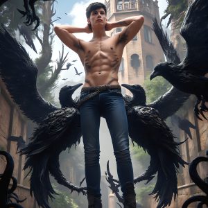 AI male art photos with a fantastical atmosphere. Imagine a Hogwarts School of Witchcraft student, from the Harry Potter series, a handsome, beautiful, and attractive, shirtless young teenage boy, standing firm against a threat. With a detailed Hogwarts castle background, casting a powerful spell, conjuring creatures based on their assigned house crest. From Demonic snakes, powerful lions, fierce badgers, or a murder of Crows. Dementors floating ominously in a cloudy sky, and sparks, shadows, and cinematic lighting, offering an otherworldly vibe.