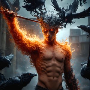 AI male art photos with a fantastical atmosphere. Imagine a Hogwarts School of Witchcraft student, from the Harry Potter series, a handsome, beautiful, and attractive, shirtless young teenage boy, standing firm against a threat. With a detailed Hogwarts castle background, casting a powerful spell, conjuring creatures based on their assigned house crest. From Demonic snakes, powerful lions, fierce badgers, or a murder of Crows. Dementors floating ominously in a cloudy sky, and sparks, shadows, and cinematic lighting, offering an otherworldly vibe.