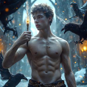 AI male art photos with a fantastical atmosphere. Imagine a Hogwarts School of Witchcraft student, from the Harry Potter series, a handsome, beautiful, and attractive, shirtless young teenage boy, standing firm against a threat. With a detailed Hogwarts castle background, casting a powerful spell, conjuring creatures based on their assigned house crest. From Demonic snakes, powerful lions, fierce badgers, or a murder of Crows. Dementors floating ominously in a cloudy sky, and sparks, shadows, and cinematic lighting, offering an otherworldly vibe.