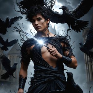 AI male art photos with a fantastical atmosphere. Imagine a Hogwarts School of Witchcraft student, from the Harry Potter series, a handsome, beautiful, and attractive, shirtless young teenage boy, standing firm against a threat. With a detailed Hogwarts castle background, casting a powerful spell, conjuring creatures based on their assigned house crest. From Demonic snakes, powerful lions, fierce badgers, or a murder of Crows. Dementors floating ominously in a cloudy sky, and sparks, shadows, and cinematic lighting, offering an otherworldly vibe.