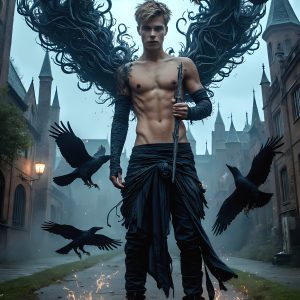 AI male art photos with a fantastical atmosphere. Imagine a Hogwarts School of Witchcraft student, from the Harry Potter series, a handsome, beautiful, and attractive, shirtless young teenage boy, standing firm against a threat. With a detailed Hogwarts castle background, casting a powerful spell, conjuring creatures based on their assigned house crest. From Demonic snakes, powerful lions, fierce badgers, or a murder of Crows. Dementors floating ominously in a cloudy sky, and sparks, shadows, and cinematic lighting, offering an otherworldly vibe.