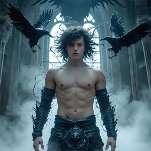 AI male art photos with a fantastical atmosphere. Imagine a Hogwarts School of Witchcraft student, from the Harry Potter series, a handsome, beautiful, and attractive, shirtless young teenage boy, standing firm against a threat. With a detailed Hogwarts castle background, casting a powerful spell, conjuring creatures based on their assigned house crest. From Demonic snakes, powerful lions, fierce badgers, or a murder of Crows. Dementors floating ominously in a cloudy sky, and sparks, shadows, and cinematic lighting, offering an otherworldly vibe.