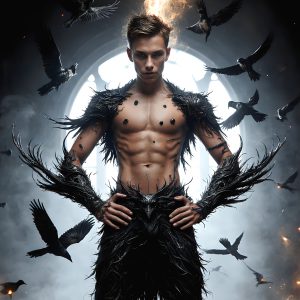 AI male art photos with a fantastical atmosphere. Imagine a Hogwarts School of Witchcraft student, from the Harry Potter series, a handsome, beautiful, and attractive, shirtless young teenage boy, standing firm against a threat. With a detailed Hogwarts castle background, casting a powerful spell, conjuring creatures based on their assigned house crest. From Demonic snakes, powerful lions, fierce badgers, or a murder of Crows. Dementors floating ominously in a cloudy sky, and sparks, shadows, and cinematic lighting, offering an otherworldly vibe.