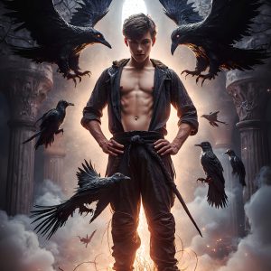 AI male art photos with a fantastical atmosphere. Imagine a Hogwarts School of Witchcraft student, from the Harry Potter series, a handsome, beautiful, and attractive, shirtless young teenage boy, standing firm against a threat. With a detailed Hogwarts castle background, casting a powerful spell, conjuring creatures based on their assigned house crest. From Demonic snakes, powerful lions, fierce badgers, or a murder of Crows. Dementors floating ominously in a cloudy sky, and sparks, shadows, and cinematic lighting, offering an otherworldly vibe.