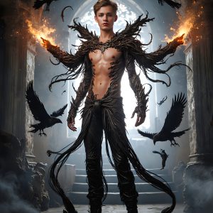 AI male art photos with a fantastical atmosphere. Imagine a Hogwarts School of Witchcraft student, from the Harry Potter series, a handsome, beautiful, and attractive, shirtless young teenage boy, standing firm against a threat. With a detailed Hogwarts castle background, casting a powerful spell, conjuring creatures based on their assigned house crest. From Demonic snakes, powerful lions, fierce badgers, or a murder of Crows. Dementors floating ominously in a cloudy sky, and sparks, shadows, and cinematic lighting, offering an otherworldly vibe.