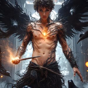 AI male art photos with a fantastical atmosphere. Imagine a Hogwarts School of Witchcraft student, from the Harry Potter series, a handsome, beautiful, and attractive, shirtless young teenage boy, standing firm against a threat. With a detailed Hogwarts castle background, casting a powerful spell, conjuring creatures based on their assigned house crest. From Demonic snakes, powerful lions, fierce badgers, or a murder of Crows. Dementors floating ominously in a cloudy sky, and sparks, shadows, and cinematic lighting, offering an otherworldly vibe.