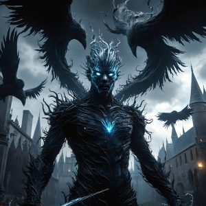 AI male art photos with a fantastical atmosphere. Imagine a Hogwarts School of Witchcraft student, from the Harry Potter series, a handsome, beautiful, and attractive, shirtless young teenage boy, standing firm against a threat. With a detailed Hogwarts castle background, casting a powerful spell, conjuring creatures based on their assigned house crest. From Demonic snakes, powerful lions, fierce badgers, or a murder of Crows. Dementors floating ominously in a cloudy sky, and sparks, shadows, and cinematic lighting, offering an otherworldly vibe.