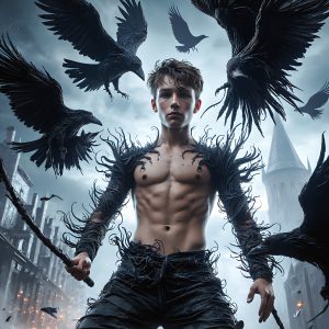 AI male art photos with a fantastical atmosphere. Imagine a Hogwarts School of Witchcraft student, from the Harry Potter series, a handsome, beautiful, and attractive, shirtless young teenage boy, standing firm against a threat. With a detailed Hogwarts castle background, casting a powerful spell, conjuring creatures based on their assigned house crest. From Demonic snakes, powerful lions, fierce badgers, or a murder of Crows. Dementors floating ominously in a cloudy sky, and sparks, shadows, and cinematic lighting, offering an otherworldly vibe.