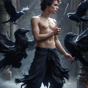 AI male art photos with a fantastical atmosphere. Imagine a Hogwarts School of Witchcraft student, from the Harry Potter series, a handsome, beautiful, and attractive, shirtless young teenage boy, standing firm against a threat. With a detailed Hogwarts castle background, casting a powerful spell, conjuring creatures based on their assigned house crest. From Demonic snakes, powerful lions, fierce badgers, or a murder of Crows. Dementors floating ominously in a cloudy sky, and sparks, shadows, and cinematic lighting, offering an otherworldly vibe.