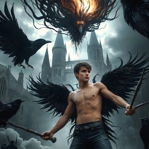 AI male art photos with a fantastical atmosphere. Imagine a Hogwarts School of Witchcraft student, from the Harry Potter series, a handsome, beautiful, and attractive, shirtless young teenage boy, standing firm against a threat. With a detailed Hogwarts castle background, casting a powerful spell, conjuring creatures based on their assigned house crest. From Demonic snakes, powerful lions, fierce badgers, or a murder of Crows. Dementors floating ominously in a cloudy sky, and sparks, shadows, and cinematic lighting, offering an otherworldly vibe.