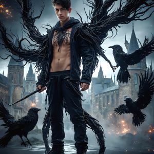 AI male art photos with a fantastical atmosphere. Imagine a Hogwarts School of Witchcraft student, from the Harry Potter series, a handsome, beautiful, and attractive, shirtless young teenage boy, standing firm against a threat. With a detailed Hogwarts castle background, casting a powerful spell, conjuring creatures based on their assigned house crest. From Demonic snakes, powerful lions, fierce badgers, or a murder of Crows. Dementors floating ominously in a cloudy sky, and sparks, shadows, and cinematic lighting, offering an otherworldly vibe.