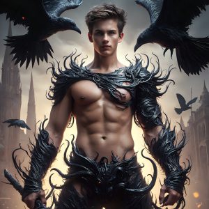 AI male art photos with a fantastical atmosphere. Imagine a Hogwarts School of Witchcraft student, from the Harry Potter series, a handsome, beautiful, and attractive, shirtless young teenage boy, standing firm against a threat. With a detailed Hogwarts castle background, casting a powerful spell, conjuring creatures based on their assigned house crest. From Demonic snakes, powerful lions, fierce badgers, or a murder of Crows. Dementors floating ominously in a cloudy sky, and sparks, shadows, and cinematic lighting, offering an otherworldly vibe.