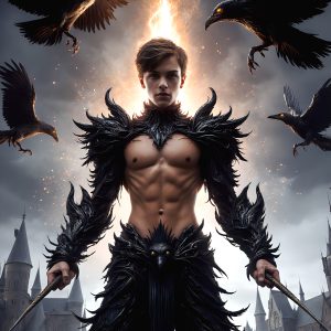 AI male art photos with a fantastical atmosphere. Imagine a Hogwarts School of Witchcraft student, from the Harry Potter series, a handsome, beautiful, and attractive, shirtless young teenage boy, standing firm against a threat. With a detailed Hogwarts castle background, casting a powerful spell, conjuring creatures based on their assigned house crest. From Demonic snakes, powerful lions, fierce badgers, or a murder of Crows. Dementors floating ominously in a cloudy sky, and sparks, shadows, and cinematic lighting, offering an otherworldly vibe.