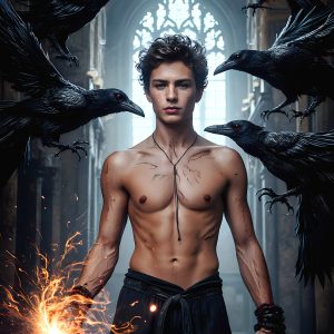 AI male art photos with a fantastical atmosphere. Imagine a Hogwarts School of Witchcraft student, from the Harry Potter series, a handsome, beautiful, and attractive, shirtless young teenage boy, standing firm against a threat. With a detailed Hogwarts castle background, casting a powerful spell, conjuring creatures based on their assigned house crest. From Demonic snakes, powerful lions, fierce badgers, or a murder of Crows. Dementors floating ominously in a cloudy sky, and sparks, shadows, and cinematic lighting, offering an otherworldly vibe.