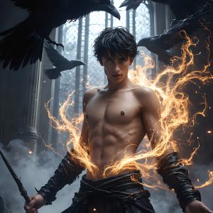 AI male art photos with a fantastical atmosphere. Imagine a Hogwarts School of Witchcraft student, from the Harry Potter series, a handsome, beautiful, and attractive, shirtless young teenage boy, standing firm against a threat. With a detailed Hogwarts castle background, casting a powerful spell, conjuring creatures based on their assigned house crest. From Demonic snakes, powerful lions, fierce badgers, or a murder of Crows. Dementors floating ominously in a cloudy sky, and sparks, shadows, and cinematic lighting, offering an otherworldly vibe.