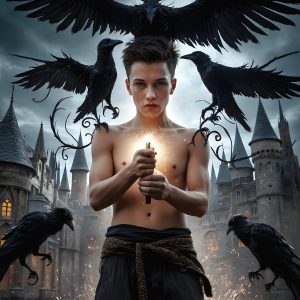 AI male art photos with a fantastical atmosphere. Imagine a Hogwarts School of Witchcraft student, from the Harry Potter series, a handsome, beautiful, and attractive, shirtless young teenage boy, standing firm against a threat. With a detailed Hogwarts castle background, casting a powerful spell, conjuring creatures based on their assigned house crest. From Demonic snakes, powerful lions, fierce badgers, or a murder of Crows. Dementors floating ominously in a cloudy sky, and sparks, shadows, and cinematic lighting, offering an otherworldly vibe.