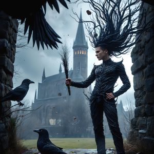 AI male art photos with a fantastical atmosphere. Imagine a Hogwarts School of Witchcraft student, from the Harry Potter series, a handsome, beautiful, and attractive, shirtless young teenage boy, standing firm against a threat. With a detailed Hogwarts castle background, casting a powerful spell, conjuring creatures based on their assigned house crest. From Demonic snakes, powerful lions, fierce badgers, or a murder of Crows. Dementors floating ominously in a cloudy sky, and sparks, shadows, and cinematic lighting, offering an otherworldly vibe.