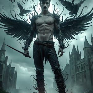 AI male art photos with a fantastical atmosphere. Imagine a Hogwarts School of Witchcraft student, from the Harry Potter series, a handsome, beautiful, and attractive, shirtless young teenage boy, standing firm against a threat. With a detailed Hogwarts castle background, casting a powerful spell, conjuring creatures based on their assigned house crest. From Demonic snakes, powerful lions, fierce badgers, or a murder of Crows. Dementors floating ominously in a cloudy sky, and sparks, shadows, and cinematic lighting, offering an otherworldly vibe.