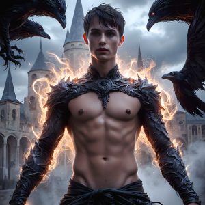 AI male art photos with a fantastical atmosphere. Imagine a Hogwarts School of Witchcraft student, from the Harry Potter series, a handsome, beautiful, and attractive, shirtless young teenage boy, standing firm against a threat. With a detailed Hogwarts castle background, casting a powerful spell, conjuring creatures based on their assigned house crest. From Demonic snakes, powerful lions, fierce badgers, or a murder of Crows. Dementors floating ominously in a cloudy sky, and sparks, shadows, and cinematic lighting, offering an otherworldly vibe.