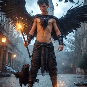 AI male art photos with a fantastical atmosphere. Imagine a Hogwarts School of Witchcraft student, from the Harry Potter series, a handsome, beautiful, and attractive, shirtless young teenage boy, standing firm against a threat. With a detailed Hogwarts castle background, casting a powerful spell, conjuring creatures based on their assigned house crest. From Demonic snakes, powerful lions, fierce badgers, or a murder of Crows. Dementors floating ominously in a cloudy sky, and sparks, shadows, and cinematic lighting, offering an otherworldly vibe.