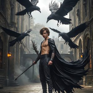 AI male art photos with a fantastical atmosphere. Imagine a Hogwarts School of Witchcraft student, from the Harry Potter series, a handsome, beautiful, and attractive, shirtless young teenage boy, standing firm against a threat. With a detailed Hogwarts castle background, casting a powerful spell, conjuring creatures based on their assigned house crest. From Demonic snakes, powerful lions, fierce badgers, or a murder of Crows. Dementors floating ominously in a cloudy sky, and sparks, shadows, and cinematic lighting, offering an otherworldly vibe.