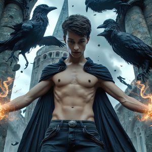 AI male art photos with a fantastical atmosphere. Imagine a Hogwarts School of Witchcraft student, from the Harry Potter series, a handsome, beautiful, and attractive, shirtless young teenage boy, standing firm against a threat. With a detailed Hogwarts castle background, casting a powerful spell, conjuring creatures based on their assigned house crest. From Demonic snakes, powerful lions, fierce badgers, or a murder of Crows. Dementors floating ominously in a cloudy sky, and sparks, shadows, and cinematic lighting, offering an otherworldly vibe.