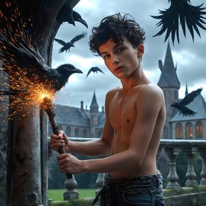 AI male art photos with a fantastical atmosphere. Imagine a Hogwarts School of Witchcraft student, from the Harry Potter series, a handsome, beautiful, and attractive, shirtless young teenage boy, standing firm against a threat. With a detailed Hogwarts castle background, casting a powerful spell, conjuring creatures based on their assigned house crest. From Demonic snakes, powerful lions, fierce badgers, or a murder of Crows. Dementors floating ominously in a cloudy sky, and sparks, shadows, and cinematic lighting, offering an otherworldly vibe.