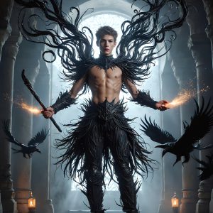 AI male art photos with a fantastical atmosphere. Imagine a Hogwarts School of Witchcraft student, from the Harry Potter series, a handsome, beautiful, and attractive, shirtless young teenage boy, standing firm against a threat. With a detailed Hogwarts castle background, casting a powerful spell, conjuring creatures based on their assigned house crest. From Demonic snakes, powerful lions, fierce badgers, or a murder of Crows. Dementors floating ominously in a cloudy sky, and sparks, shadows, and cinematic lighting, offering an otherworldly vibe.