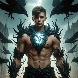 AI male art photos with a fantastical atmosphere. Imagine a Hogwarts School of Witchcraft student, from the Harry Potter series, a handsome, beautiful, and attractive, shirtless young teenage boy, standing firm against a threat. With a detailed Hogwarts castle background, casting a powerful spell, conjuring creatures based on their assigned house crest. From Demonic snakes, powerful lions, fierce badgers, or a murder of Crows. Dementors floating ominously in a cloudy sky, and sparks, shadows, and cinematic lighting, offering an otherworldly vibe.